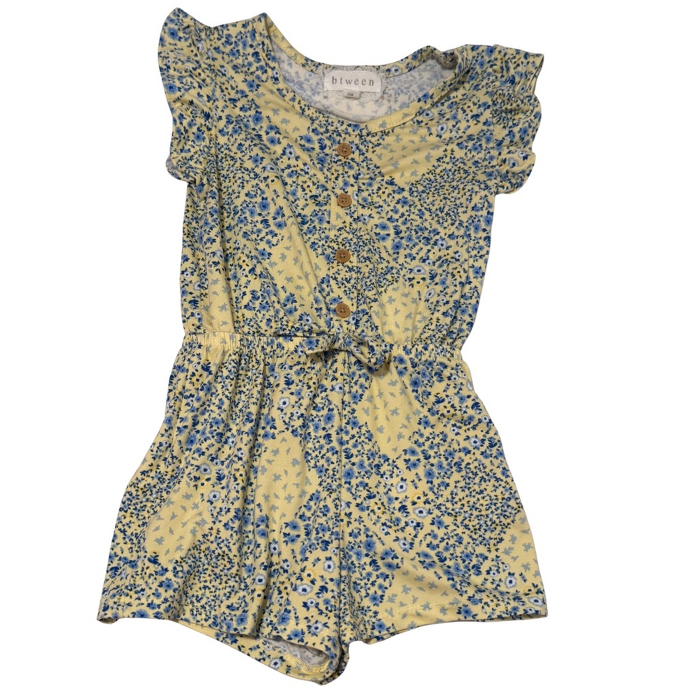 btween Girls Yellow Blue Floral Short Sleeve Romper Size 5 Button, Tie Waist